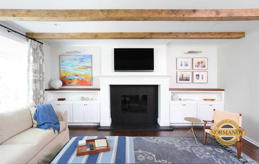 Beams in living room, reclaimed barnwood, symmetry