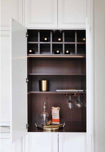 Wine storage, white outer cabinet, dark interior