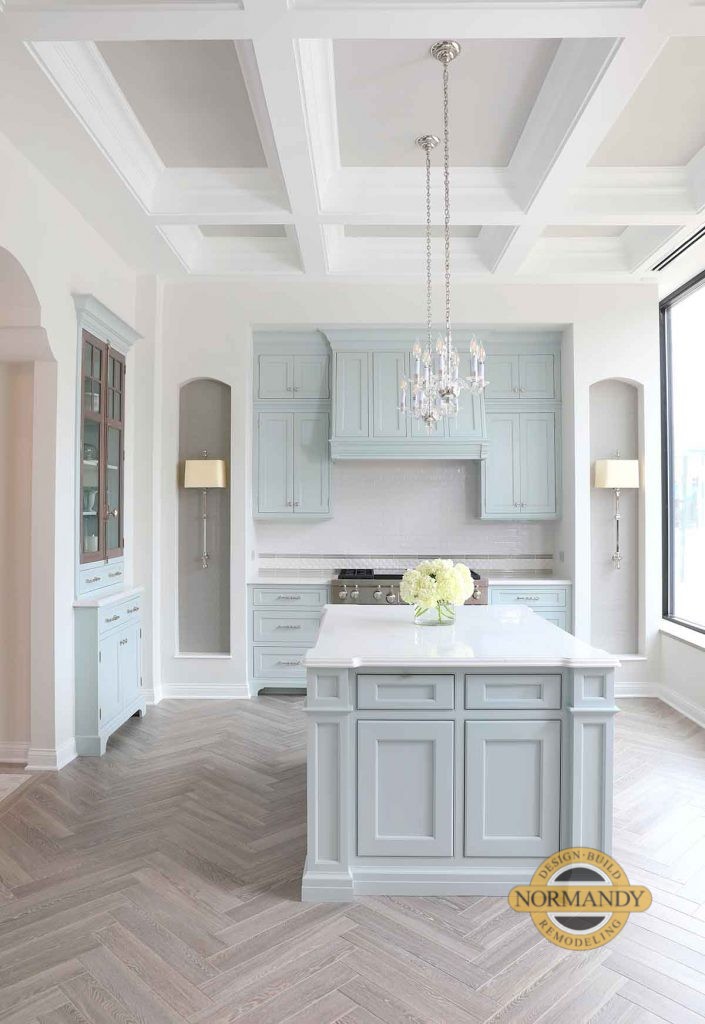 Light blue kitchen with coffered ceiling