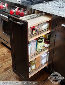 Adjustable shelves for spices and oil next to the stove