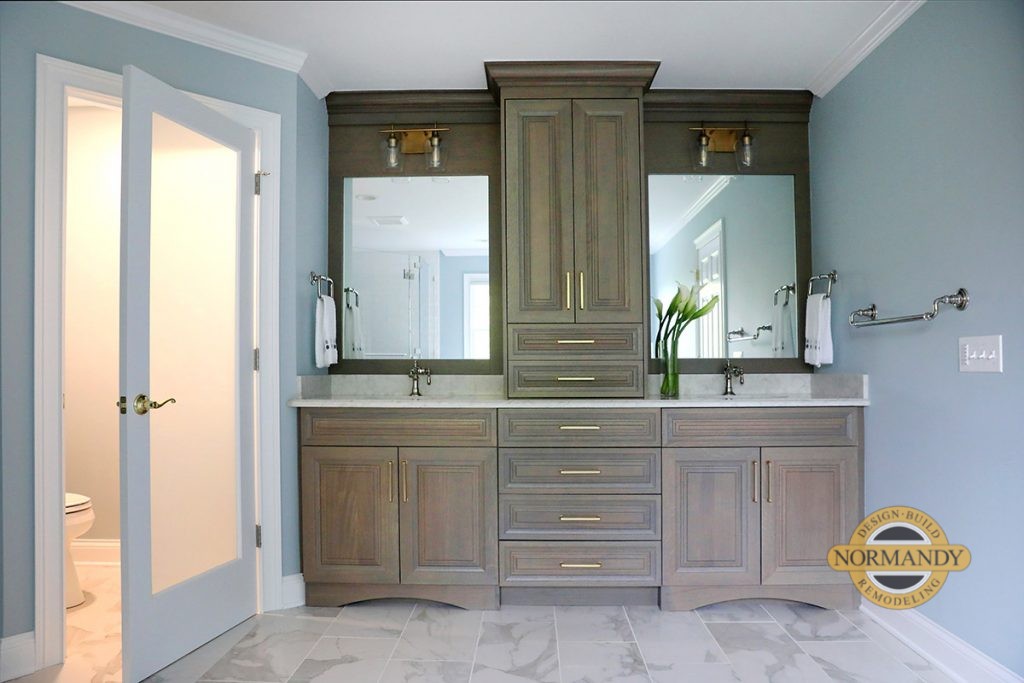 Large double vanity and enclosed toilet room