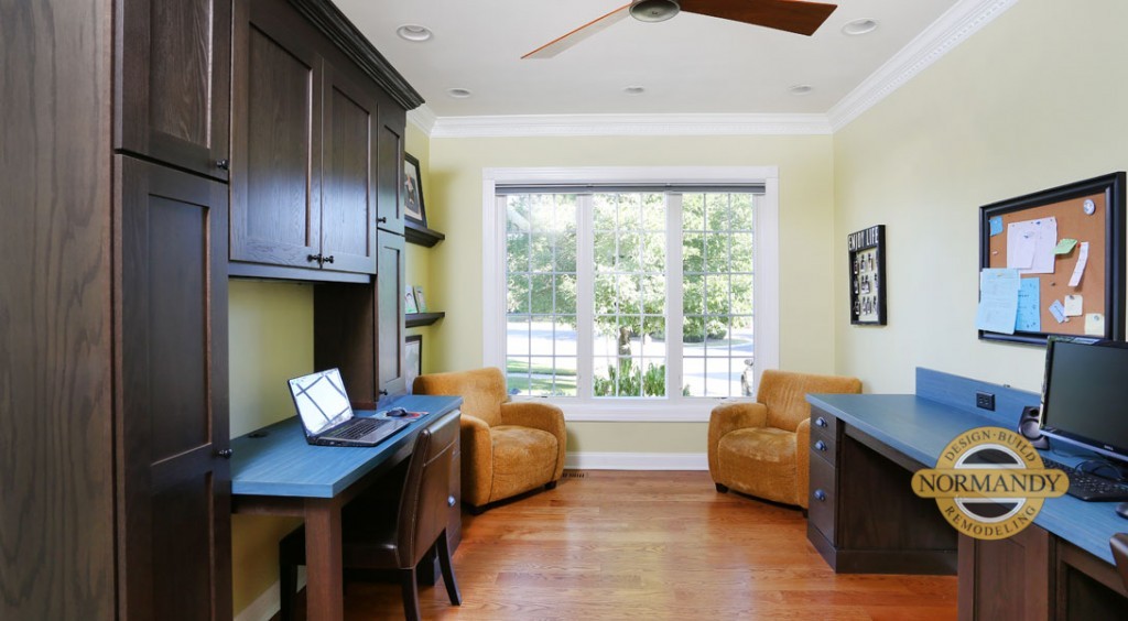 multiple work stations and storage for this home office