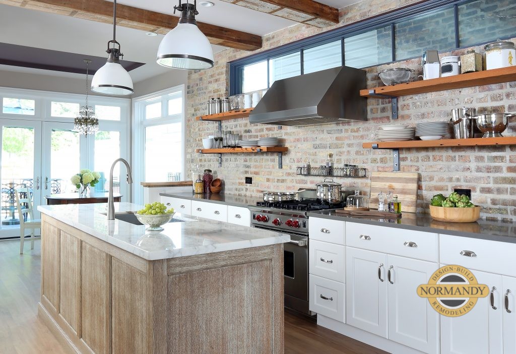 Reclaimed wood beams and open shelves in Kitchen