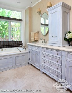 Blue painted bathroom cabinets created by Normandy Designer Troy Pavelka