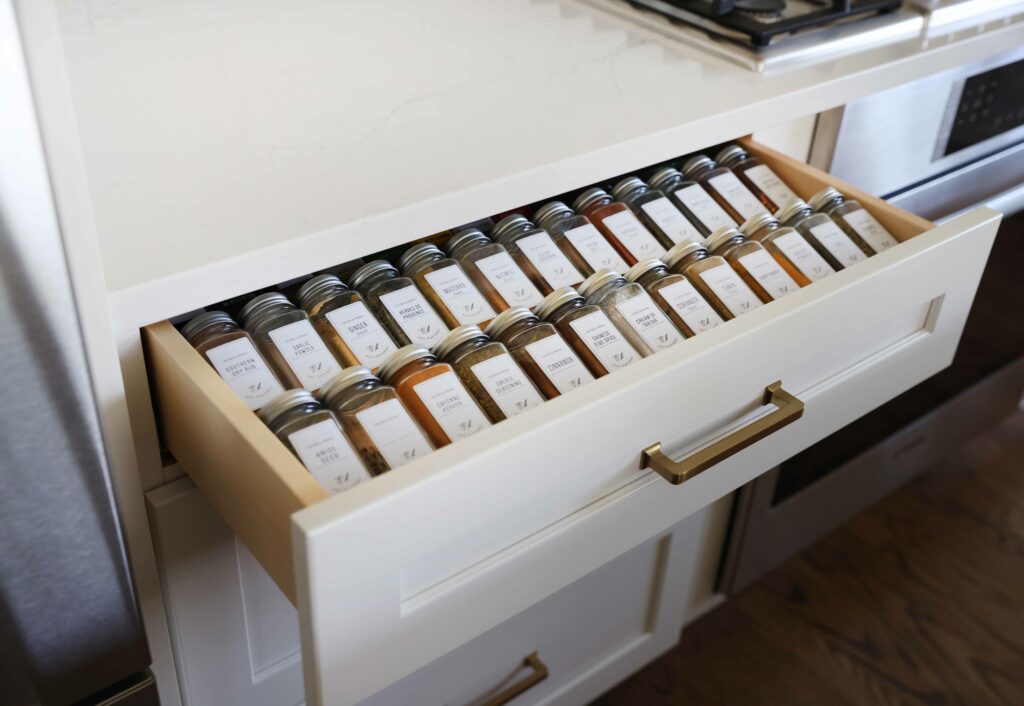 soft close kitchen drawer with a spice pull out