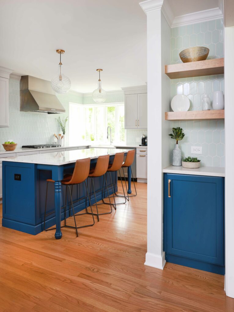 hall cabinet with floating shelves next to the kitchen