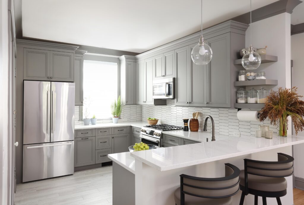 gray kitchen with peninsula