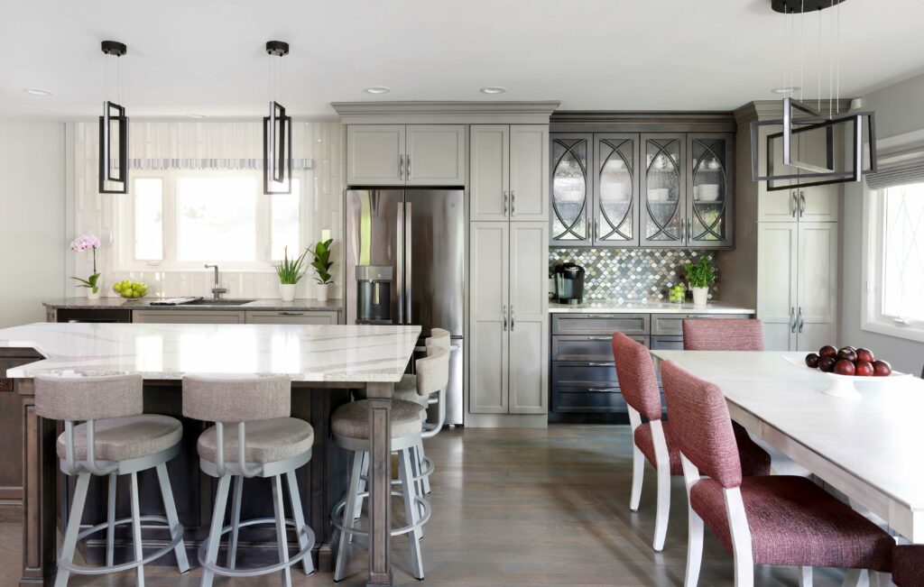 gray painted kitchen with dark stained buffet