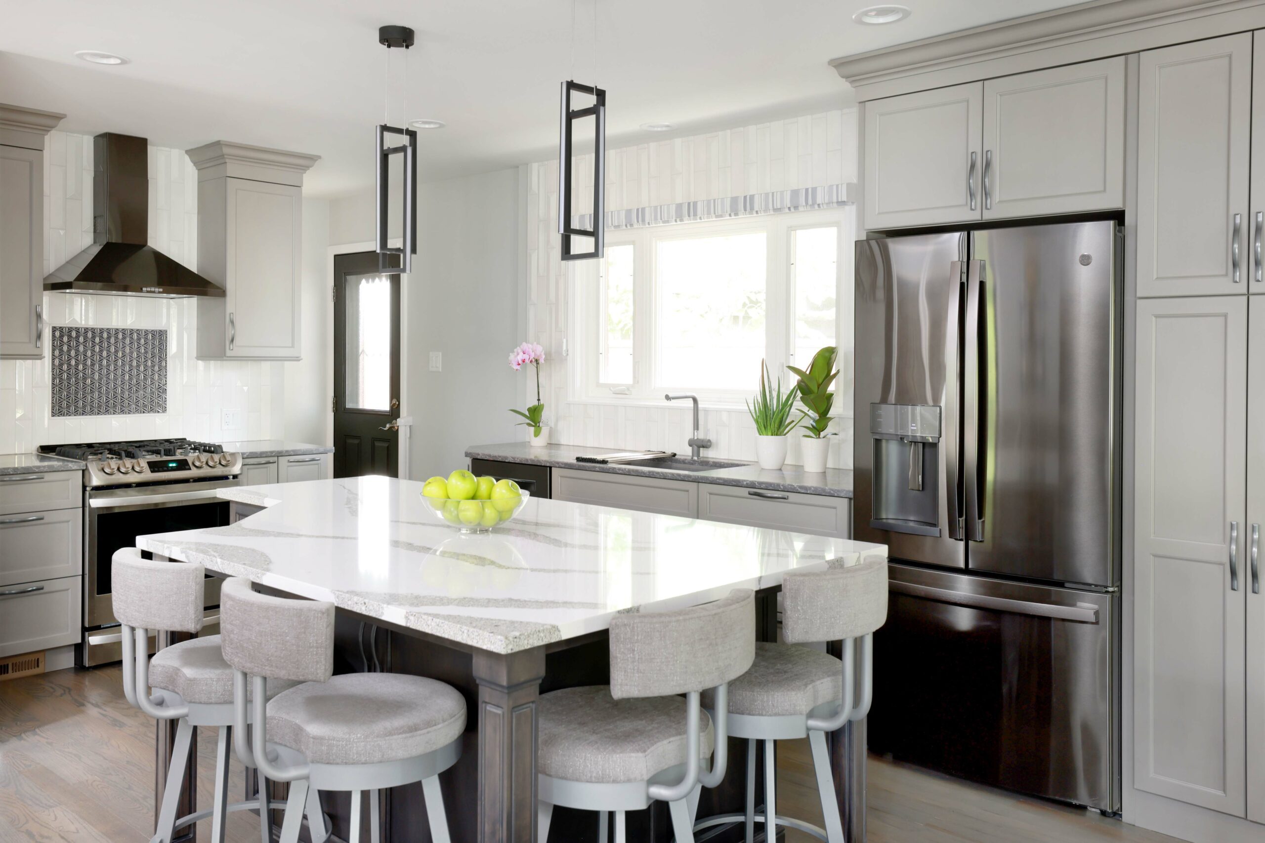 Gray transitional kitchen with island