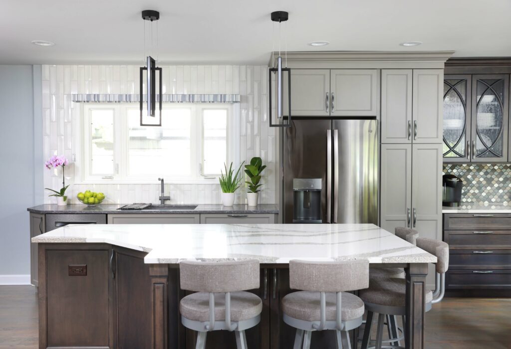 gray transitional kitchen with island in stained wood