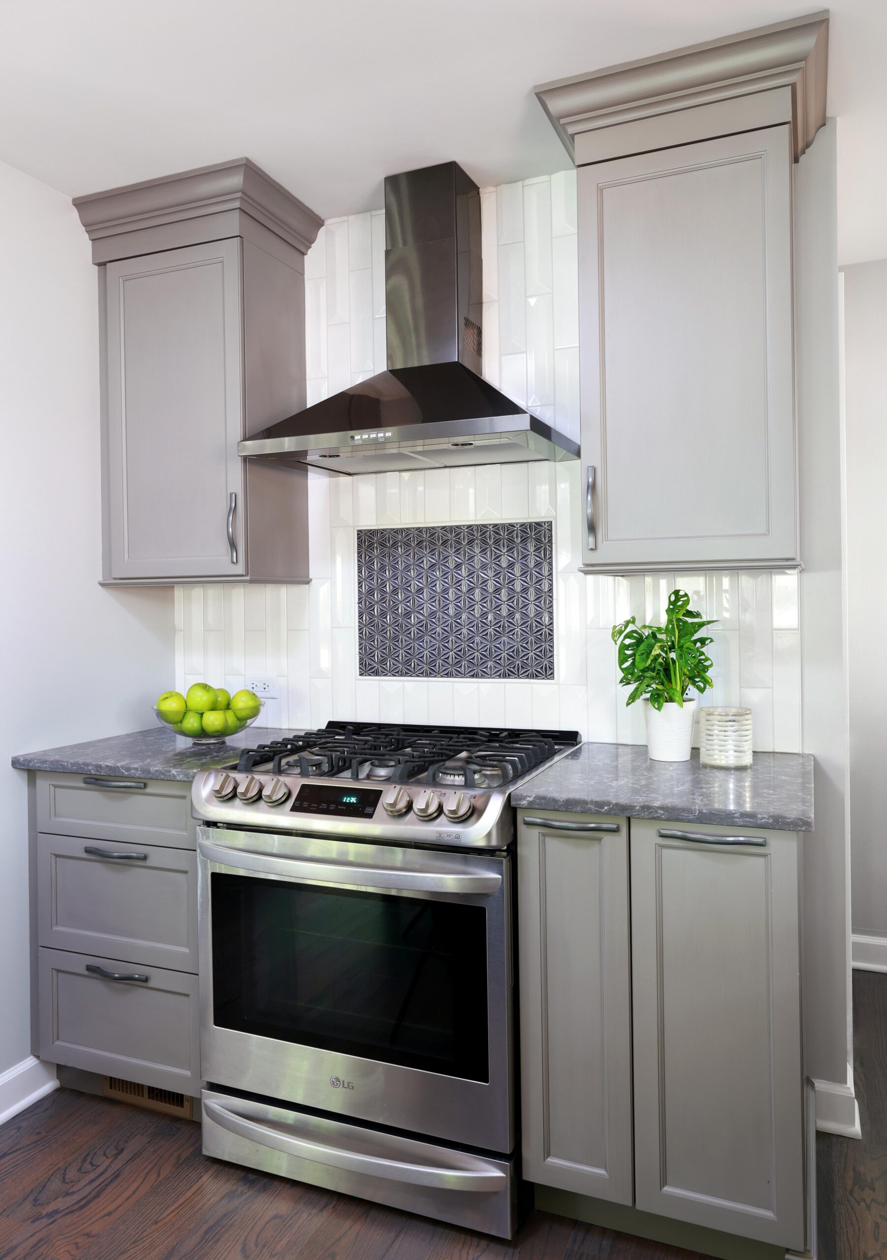 range wall in a gray kitchen