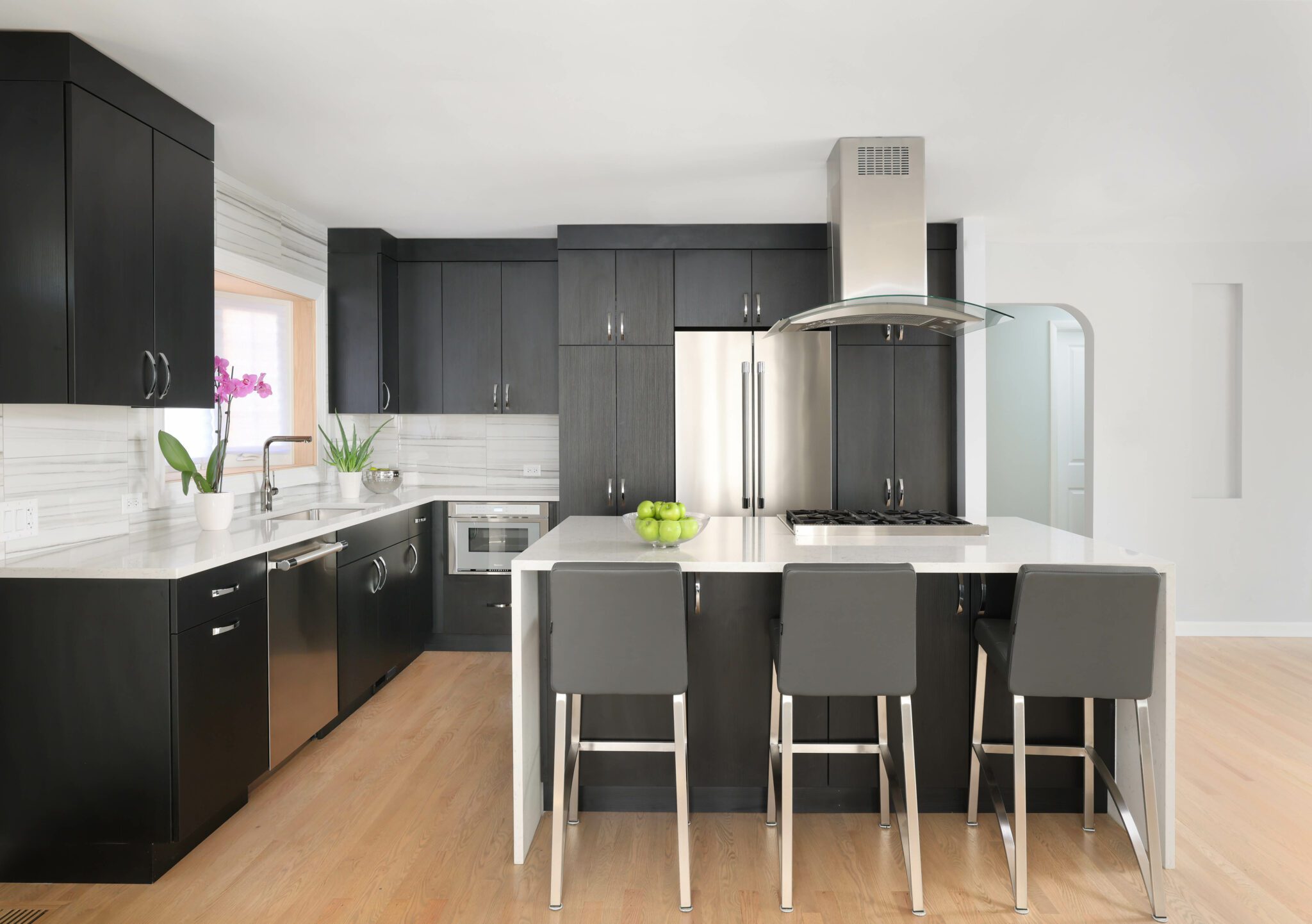 Black cabinets white counter kitchen