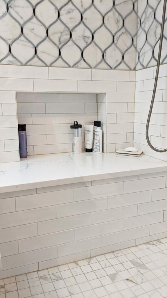 close up of 1/3 offset subway tile in shower