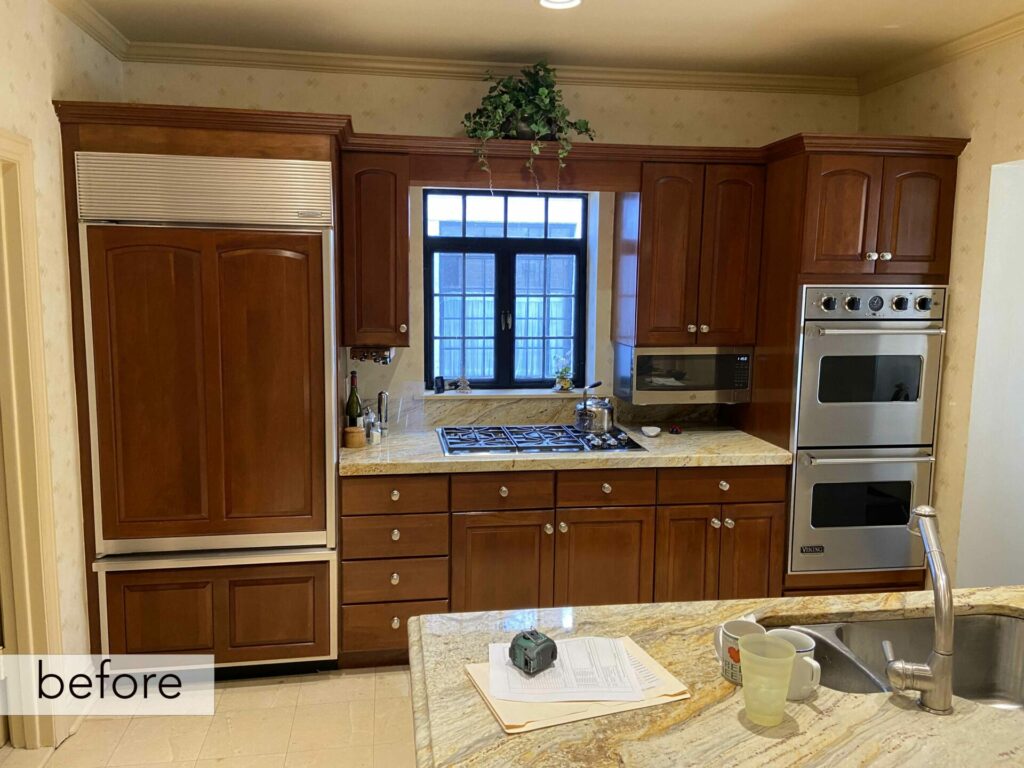 BEFORE kitchen with cherry cabinets and granite counters