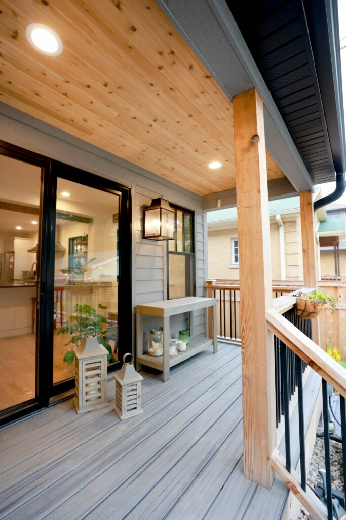 Modern farmhouse style porch with beadboard ceiling