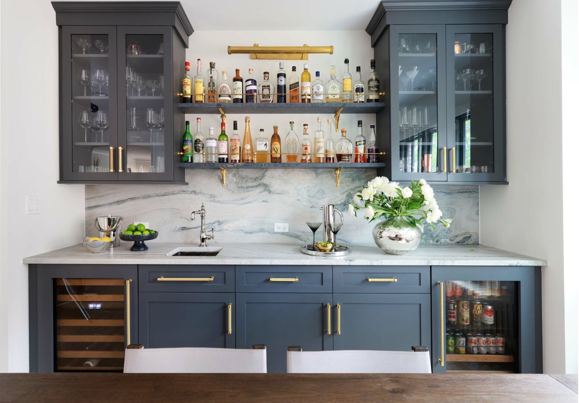 home wet bar with open shelves