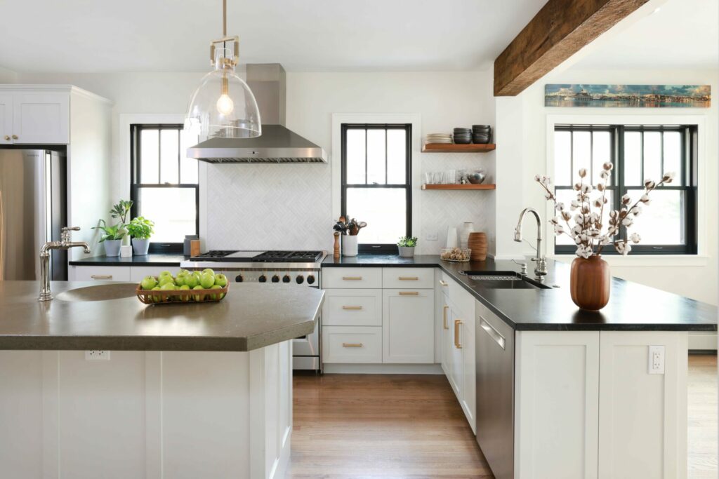 white kitchen with peninsula and island