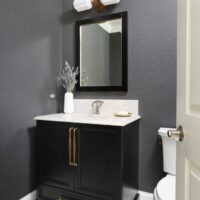 White countertops, gray walls, decorative light above mirror