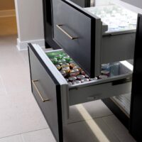 Double dual refrigerator drawers, stained rift cut white oak cabinets