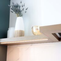 White drywall hood with rift cut white oak trim and extended shelf