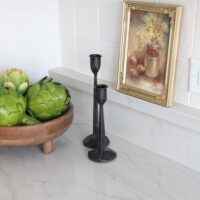 Quartzite countertop with backsplash shelf, white zellige tile backsplash