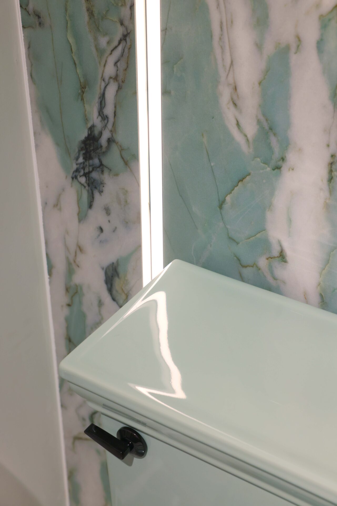 Detail of green porcelain feature wall with integrated LED lighting, green toilet top, black nickel toilet flush