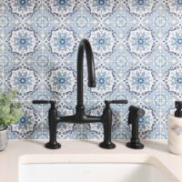 Matte black bridge faucet and patterned blue tile backsplash