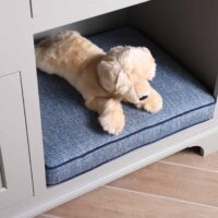 Cabinet molding at bottom, dog nook cat nook, light gray cabinetry