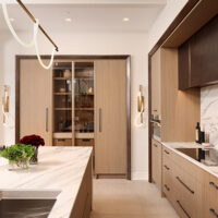 Black steel metal hood, column refrigerator and freezer, melamine cabinets, integrated induction cooktop, integrated appliances