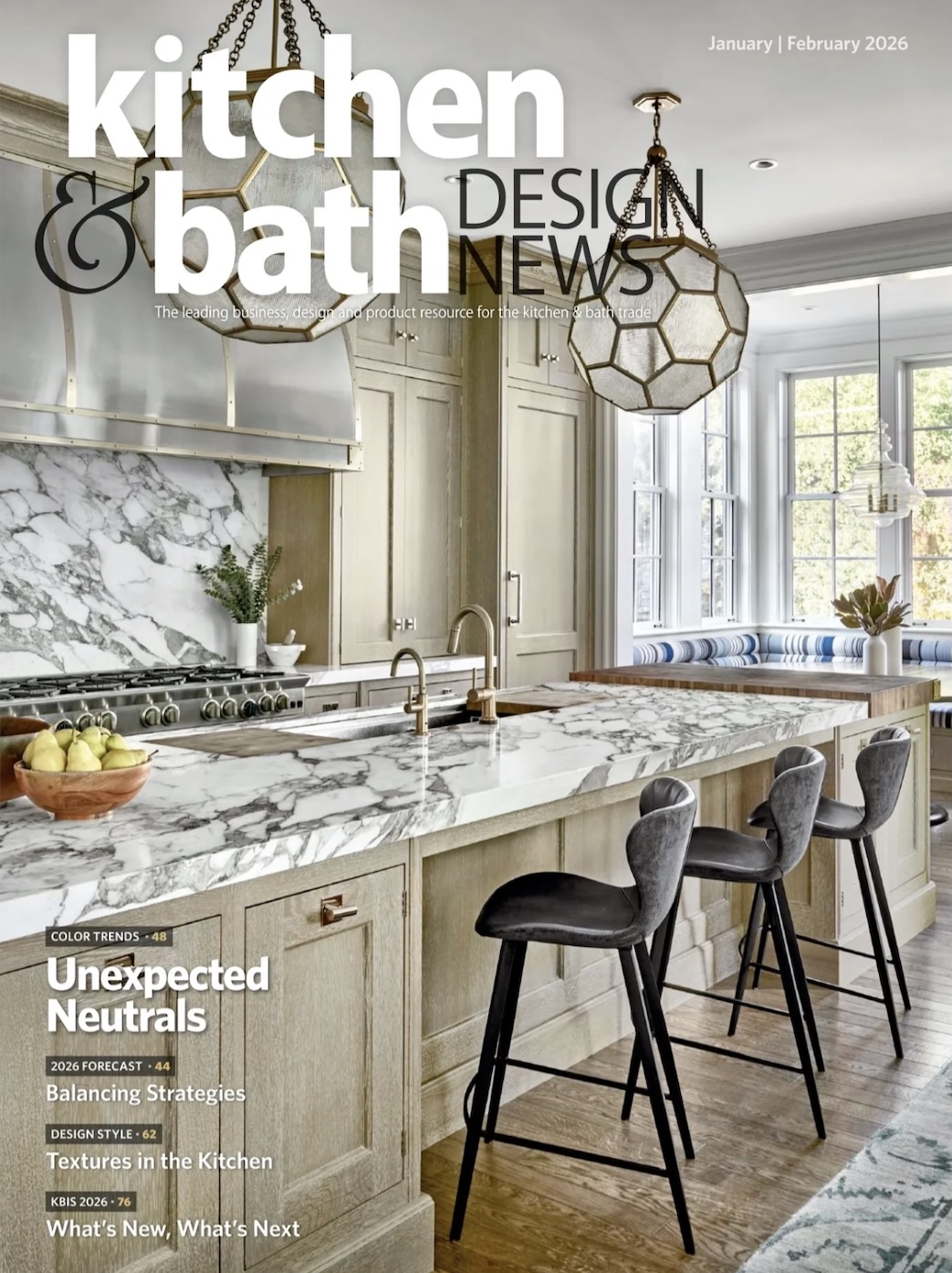 Kitchen & Bath Design News magazine cover, metal hood, black and white counters and backsplash