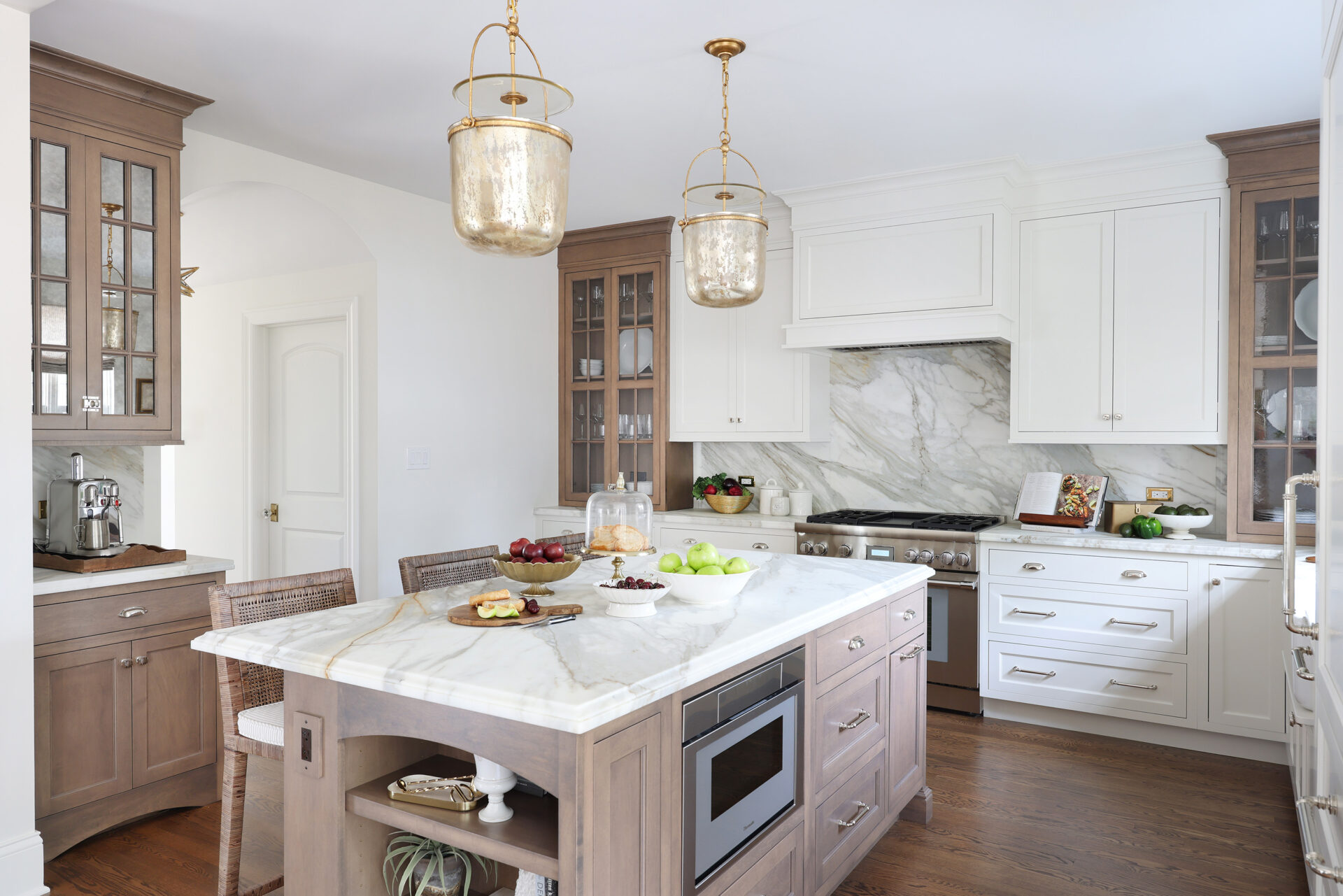 Classic Elmhurst Kitchen features a side entry from adjacent spaces.