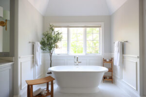 Freestanding white tub under windows, volcanic limestone, polished nickel